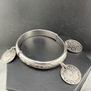 Vintage Whiting & Davis Bangle Bracelet Silver Tone Faux Coin 6"